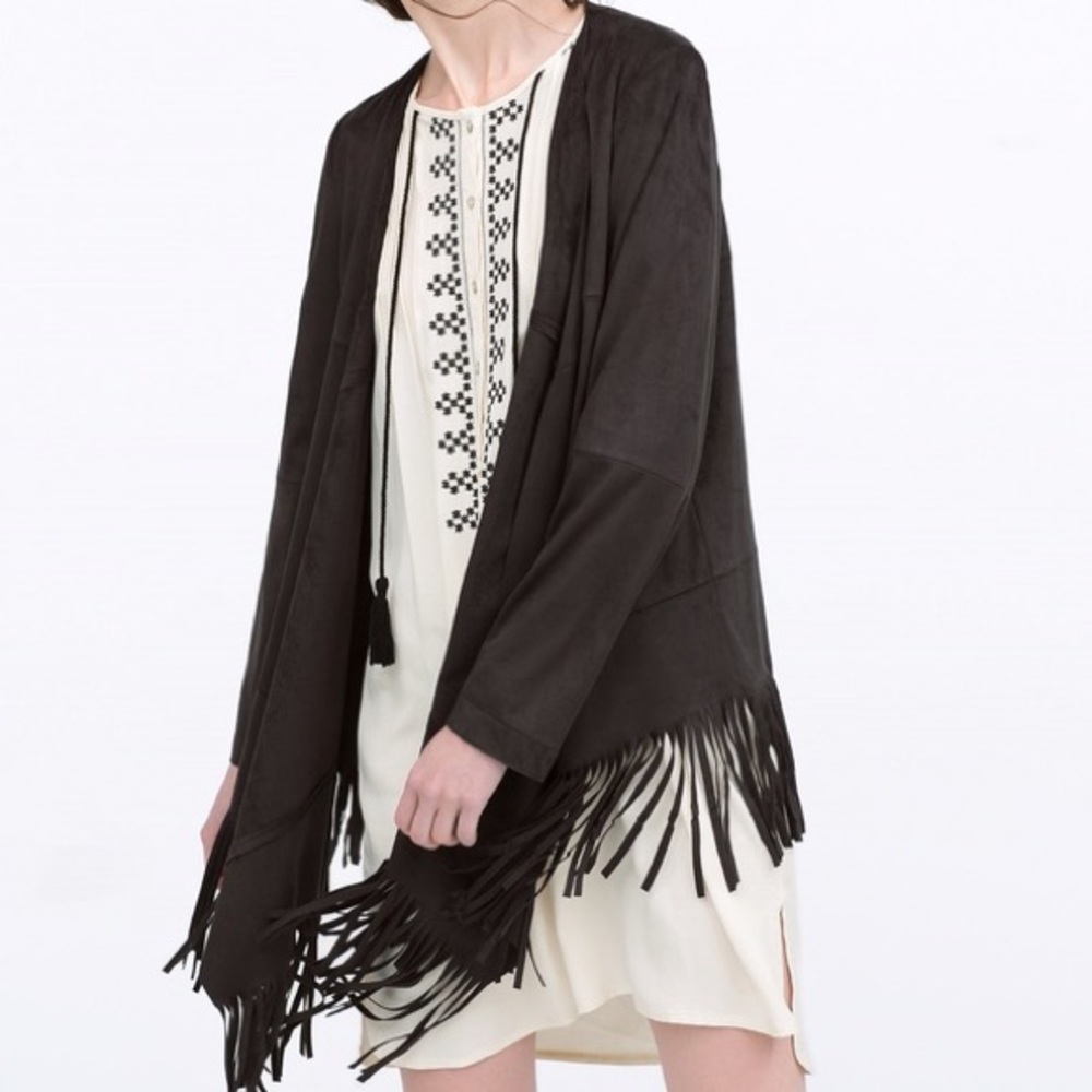 Zara Black Faux Suede Fringe Jacket